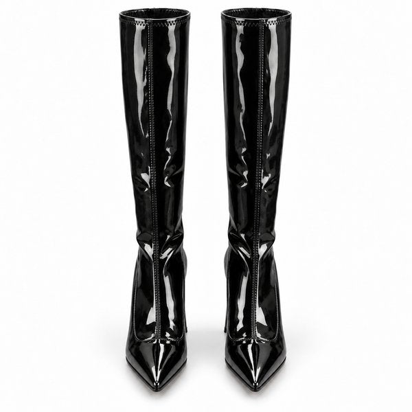 Black — patent Knee-High Stiletto Boots — front view