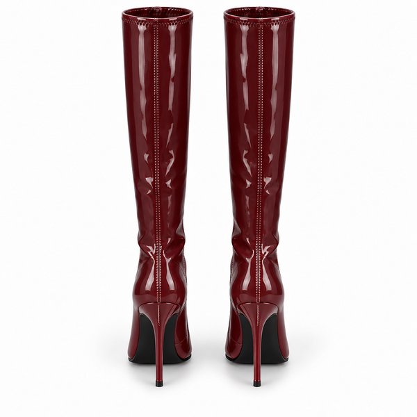 Burgundy — patent Knee-High Stiletto Boots — back view