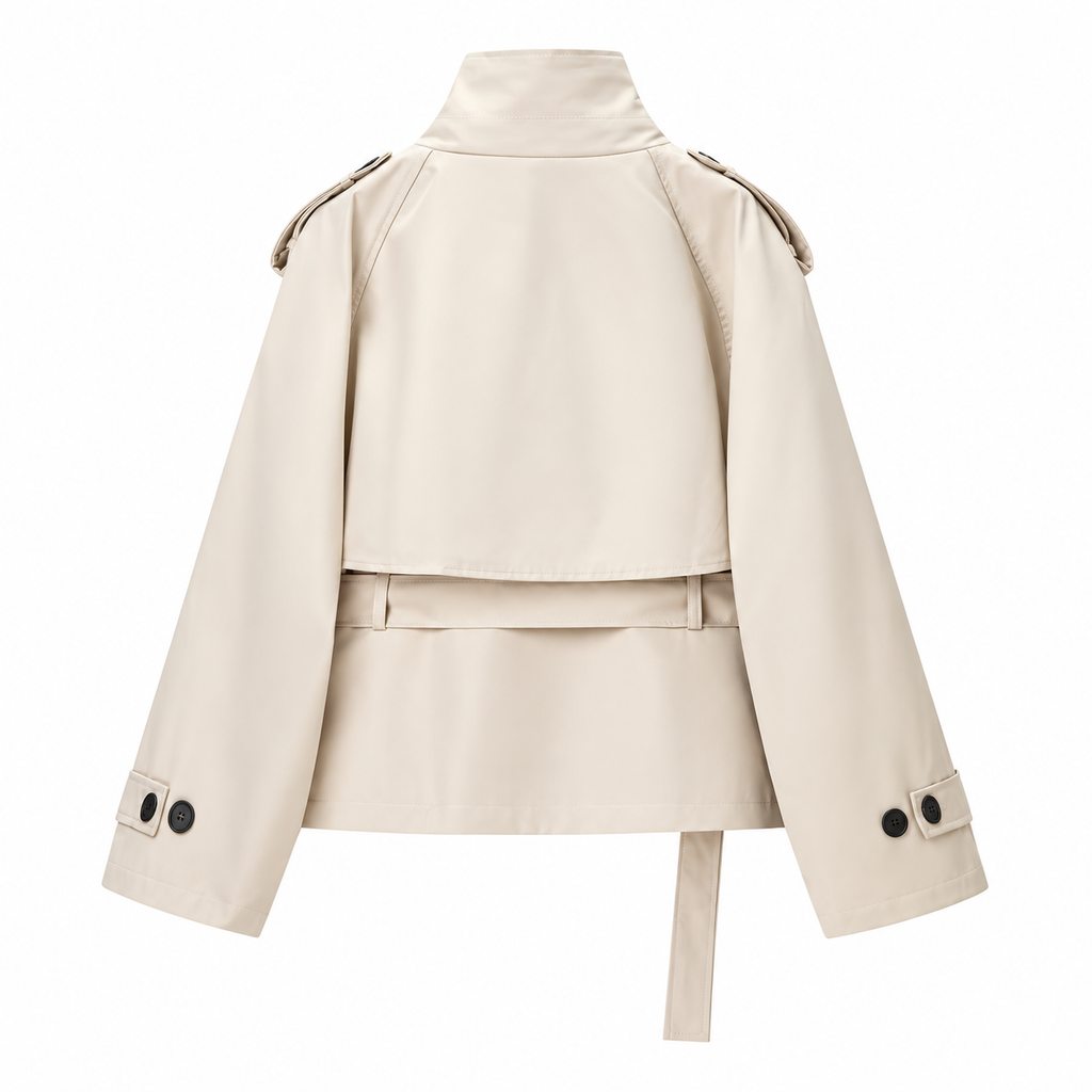 Cream Belted Buckle-Collar Trench Jacket — back view