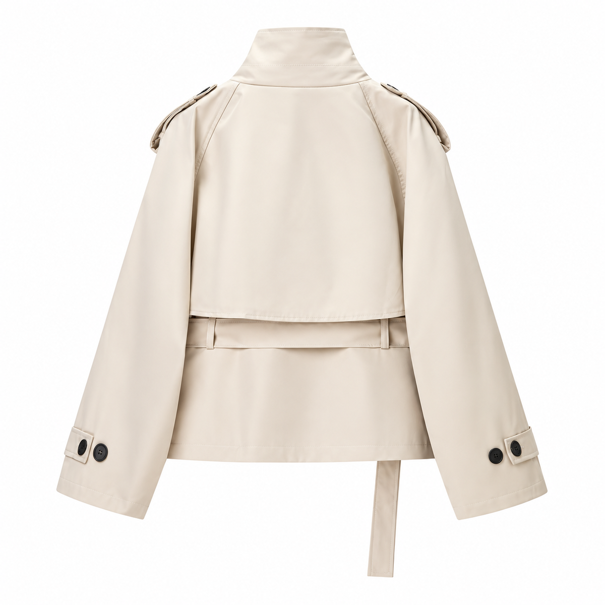 Cream Belted Buckle-Collar Trench Jacket — back view