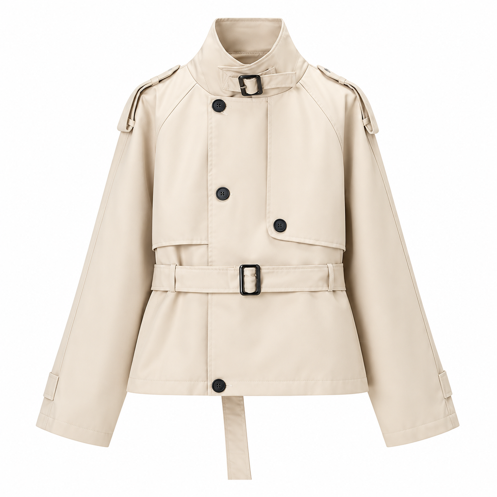 Cream Belted Buckle-Collar Trench Jacket — front view