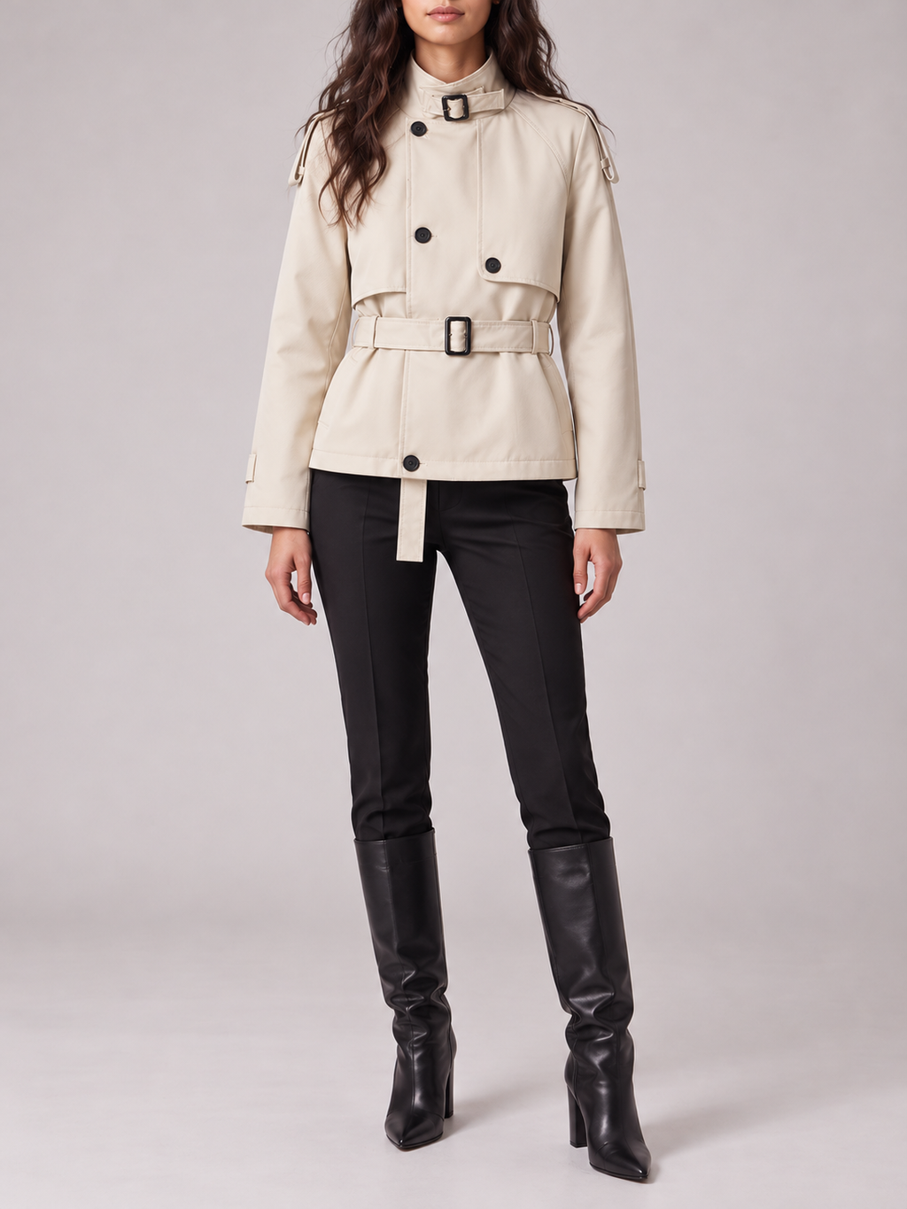 Cream Belted Buckle-Collar Trench Jacket — styled model view