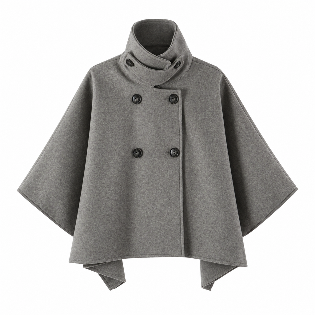 Gray Double-Breasted Funnel-Neck Cape Jacket — front view