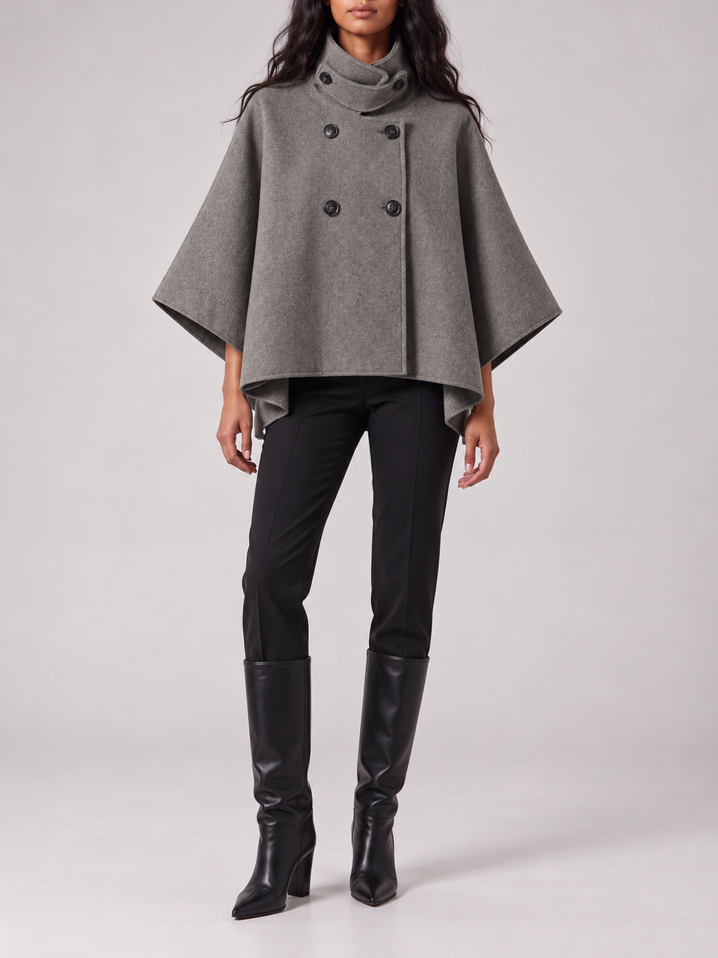 Gray Double-Breasted Funnel-Neck Cape Jacket — styled model view