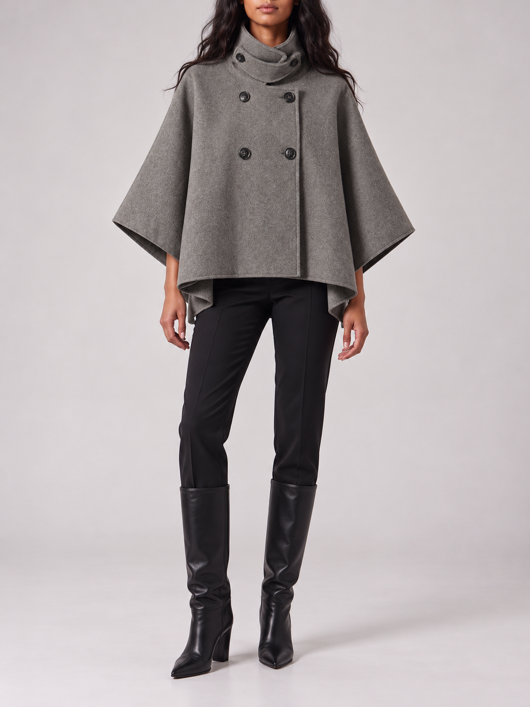 Gray Double-Breasted Funnel-Neck Cape Jacket — styled model view