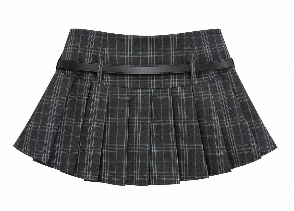 Charcoal Plaid Belted Pleated Mini Skirt — back view