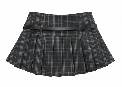 Charcoal Plaid Belted Pleated Mini Skirt — back view