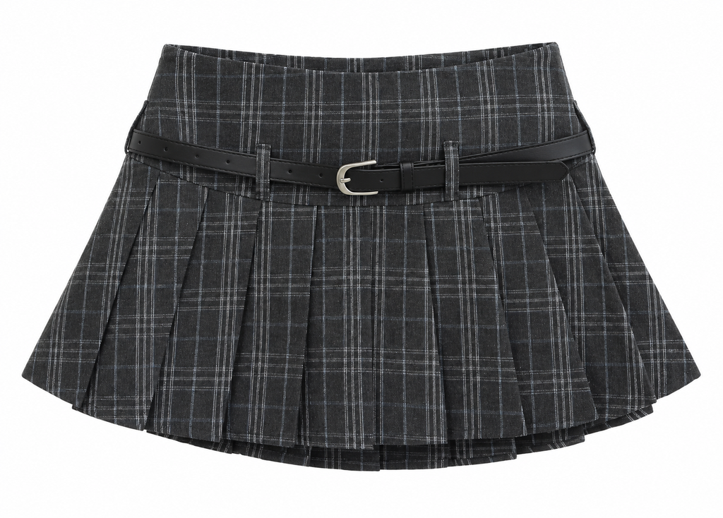 Charcoal Plaid Belted Pleated Mini Skirt — front view