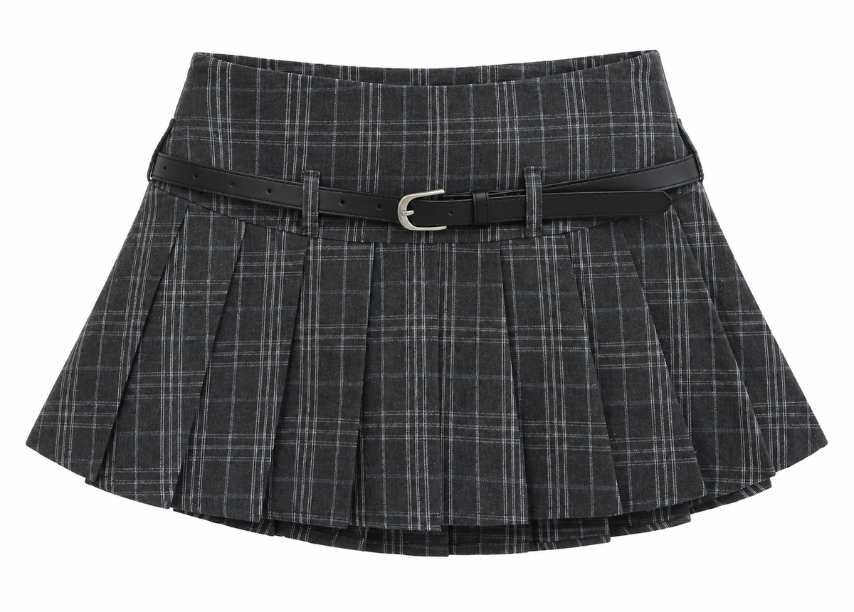 Charcoal Plaid Belted Pleated Mini Skirt — front view