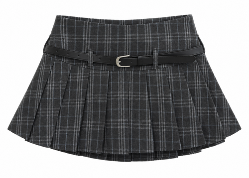 Charcoal Plaid Belted Pleated Mini Skirt — front view
