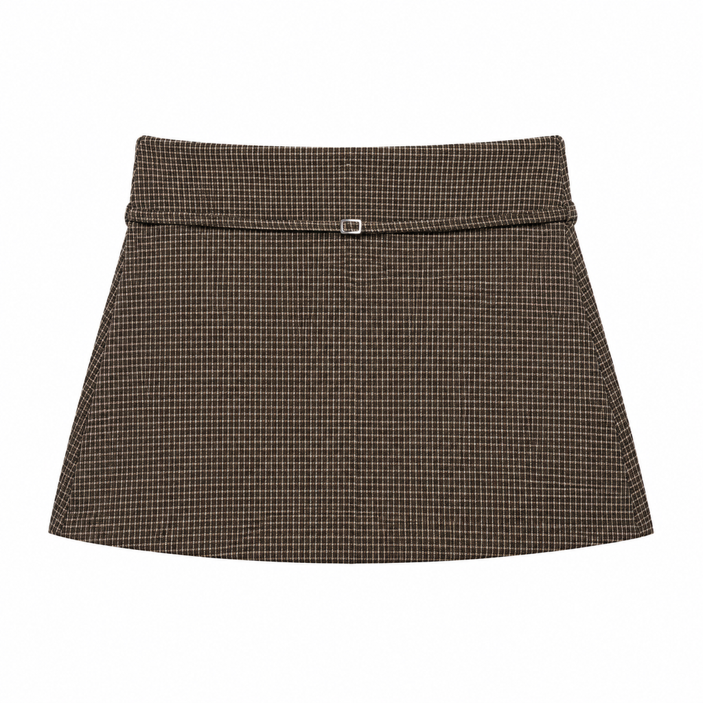 Brown Check Foldover Check Mini Skirt front view