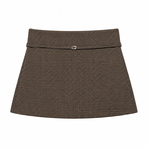 Brown Check Bellinna Foldover Check Mini Skirt — front view
