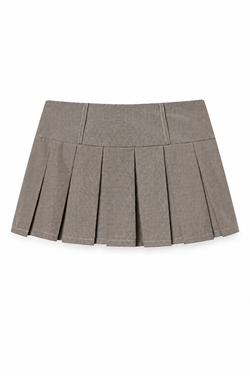 Taupe Check Bellinna Four-Button Microcheck Pleated Mini Skirt — back view