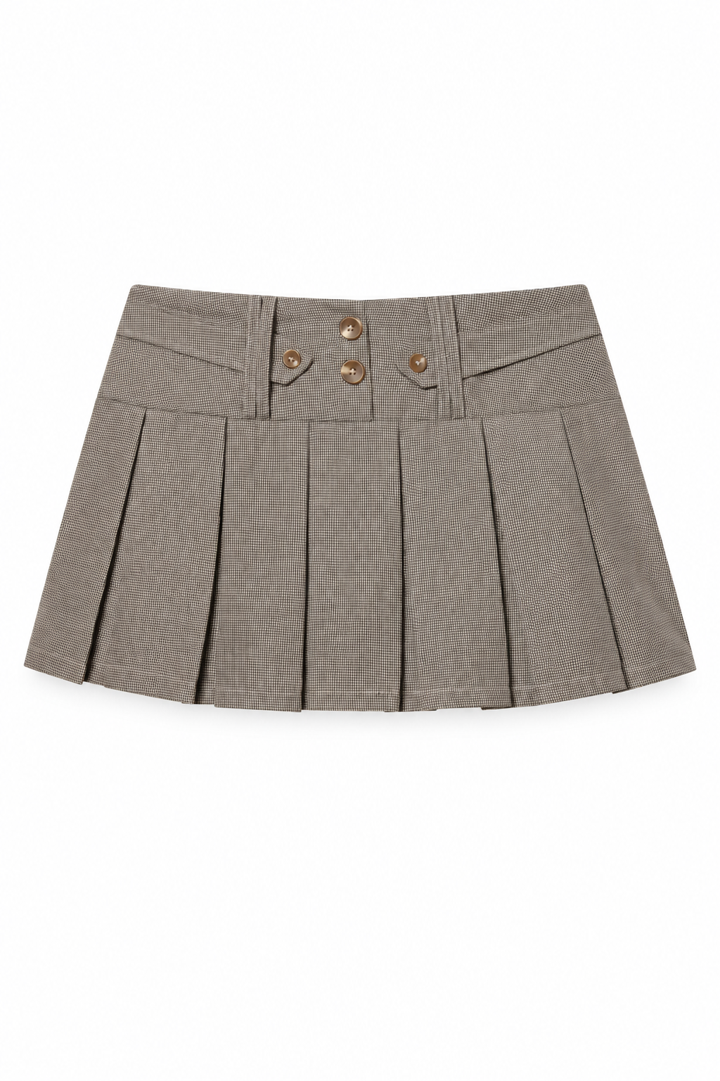 Bellinna Four-Button Microcheck Pleated Mini Skirt – Taupe Check, front view
