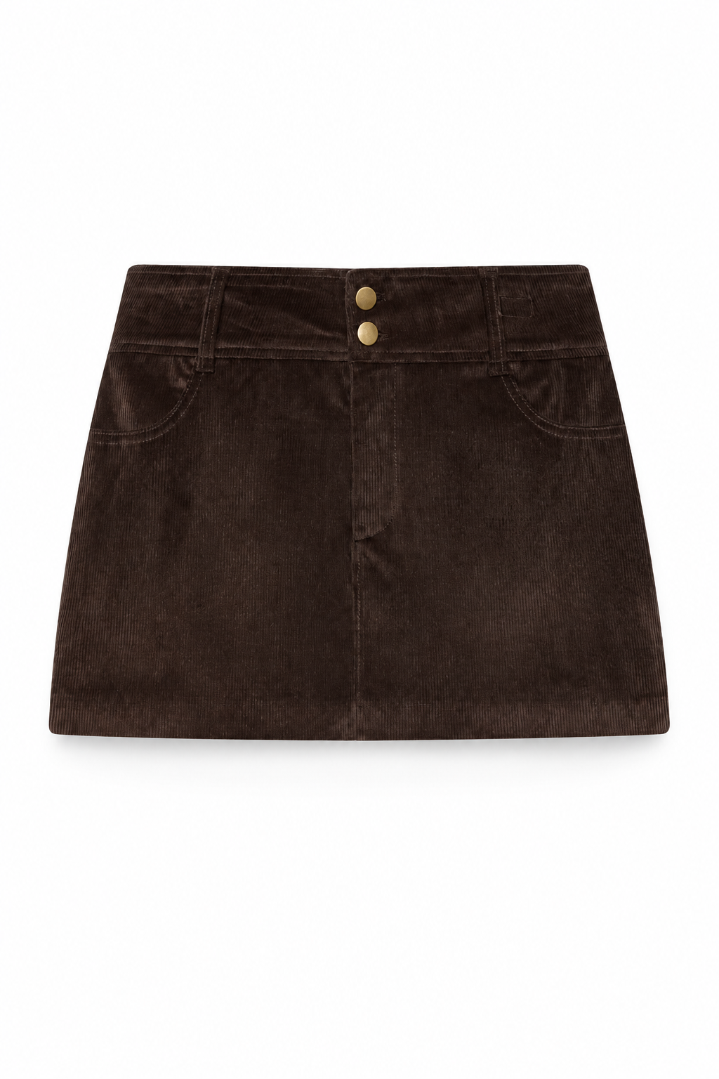 Bellinna Two-Button Corduroy Mini Skirt – Dark Brown, front view
