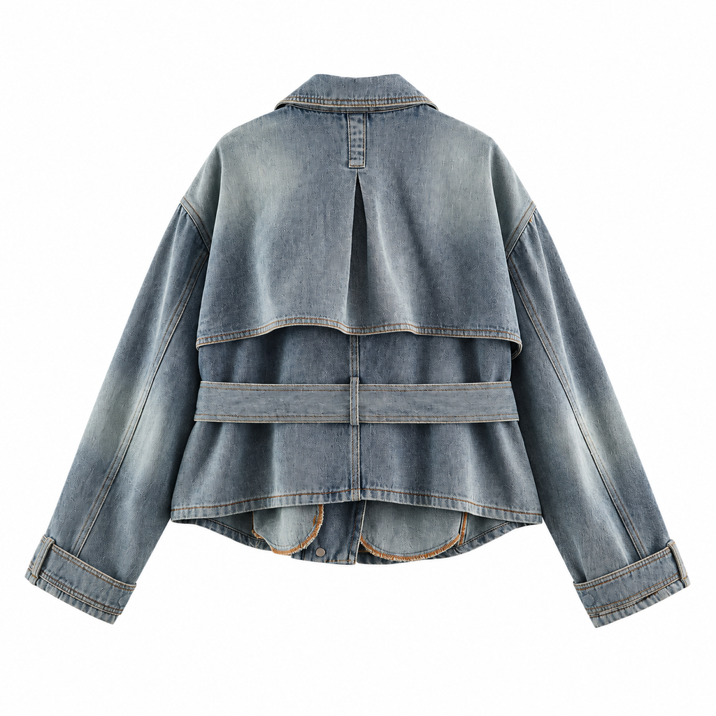 Washed Blue Belted Asymmetric Denim Jacket — back view