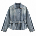 Washed Blue Belted Asymmetric Denim Jacket — front view