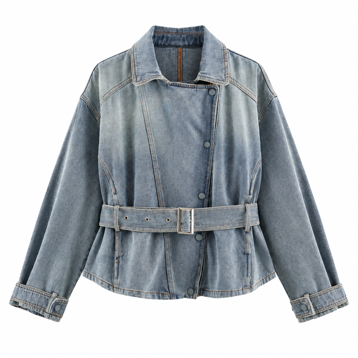Washed Blue Belted Asymmetric Denim Jacket — front view