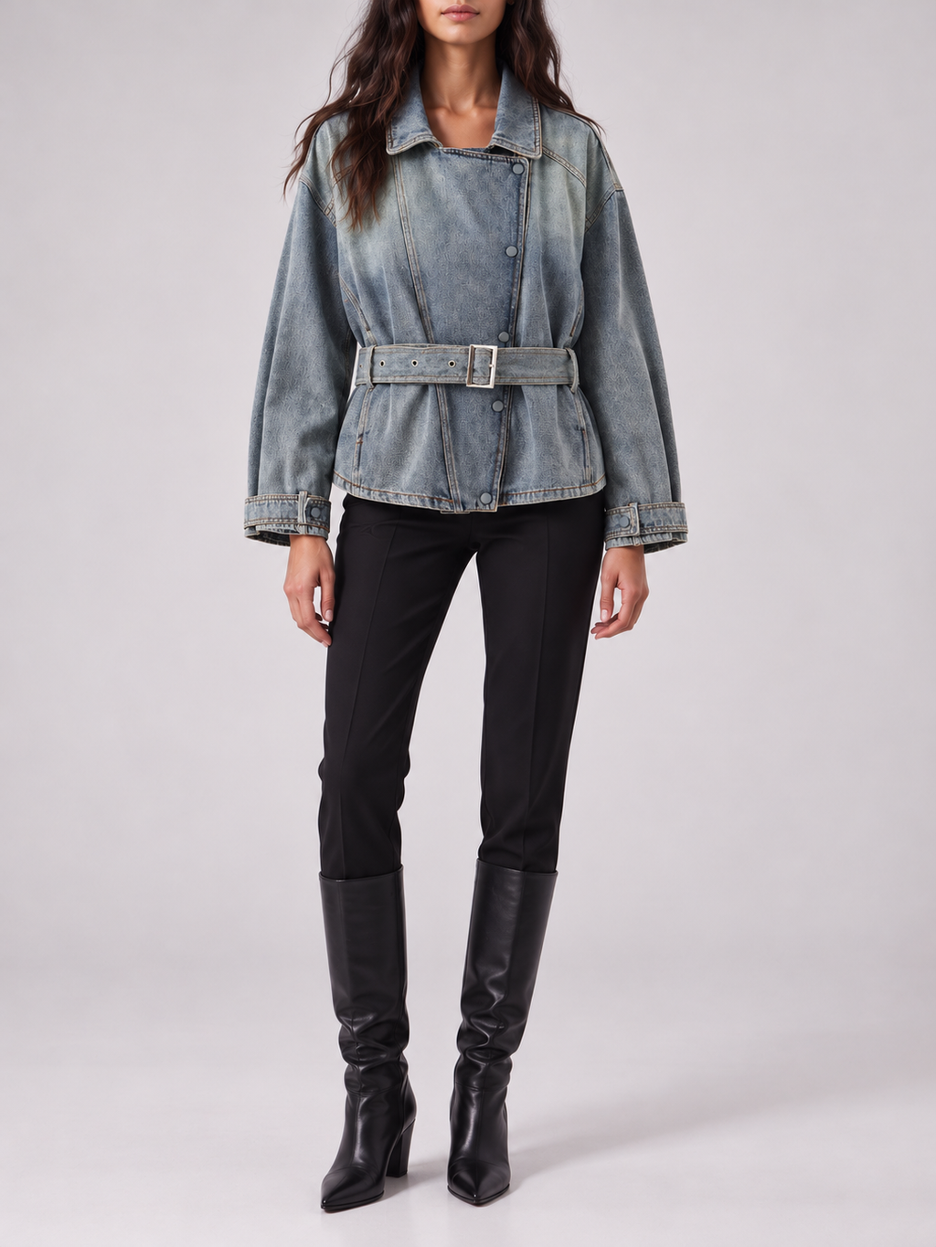 Washed Blue Belted Asymmetric Denim Jacket — styled model view