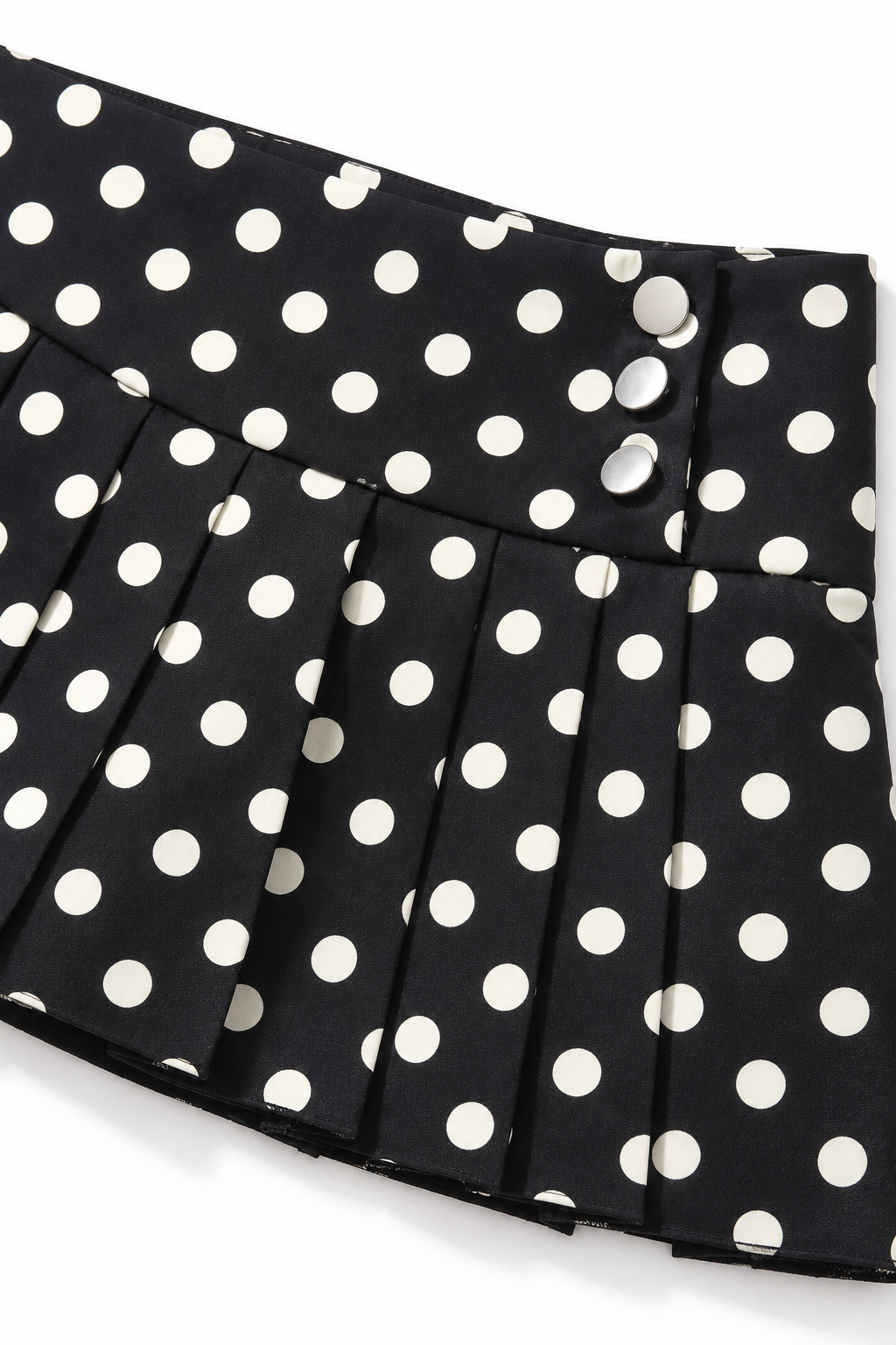 Bellinna Three-Button Polka Dot Pleated Mini Skirt, Black with Ivory Dots, detail product view