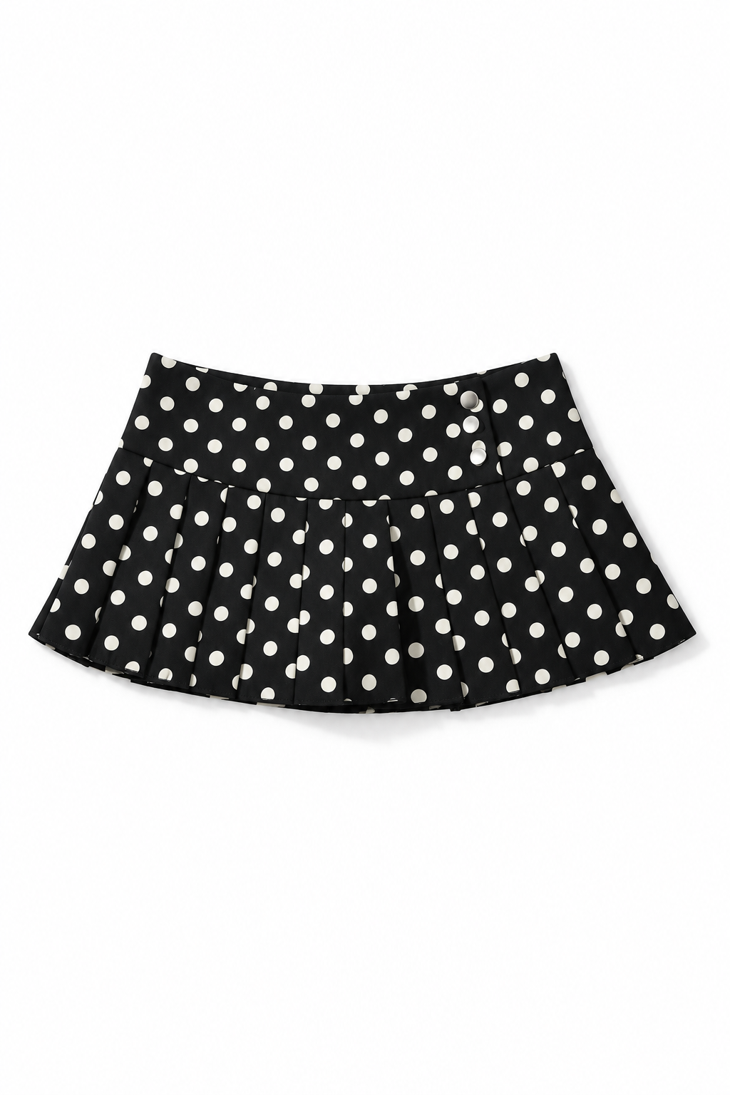 Bellinna Three-Button Polka Dot Pleated Mini Skirt, Black with Ivory Dots, front product view