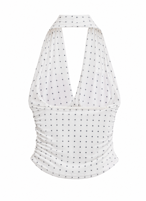 White dotted ruched halter back