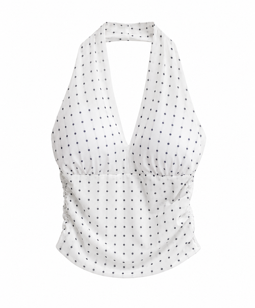 White dotted ruched halter front