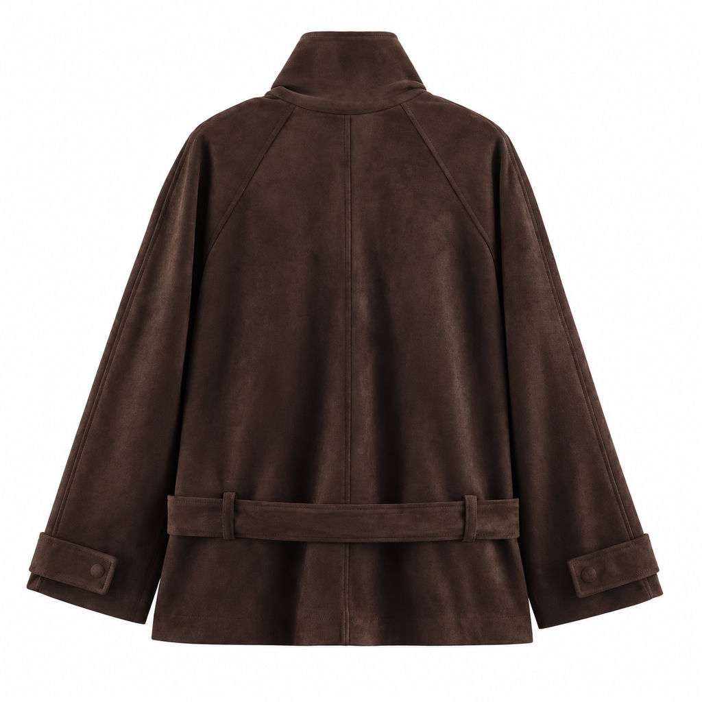Dark Brown Belted Draped-Collar Suede-Look Jacket — back view