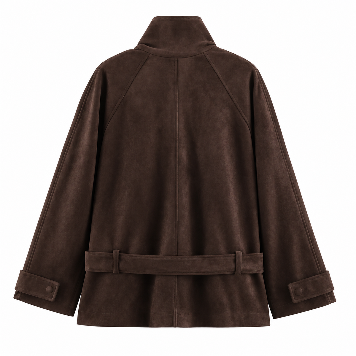 Dark Brown Belted Draped-Collar Suede-Look Jacket — back view