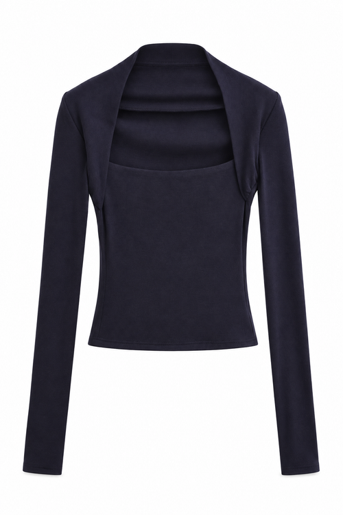 Navy Bellinna Draped-Collar Long-Sleeve Knit Top — front view