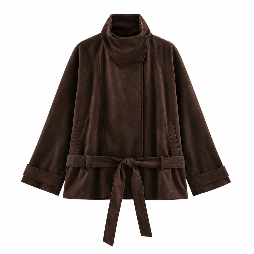 Dark Brown Belted Draped-Collar Suede-Look Jacket — front view