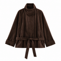 Dark Brown Belted Draped-Collar Suede-Look Jacket — front view