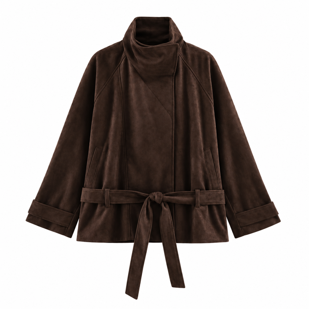 Dark Brown Belted Draped-Collar Suede-Look Jacket — front view