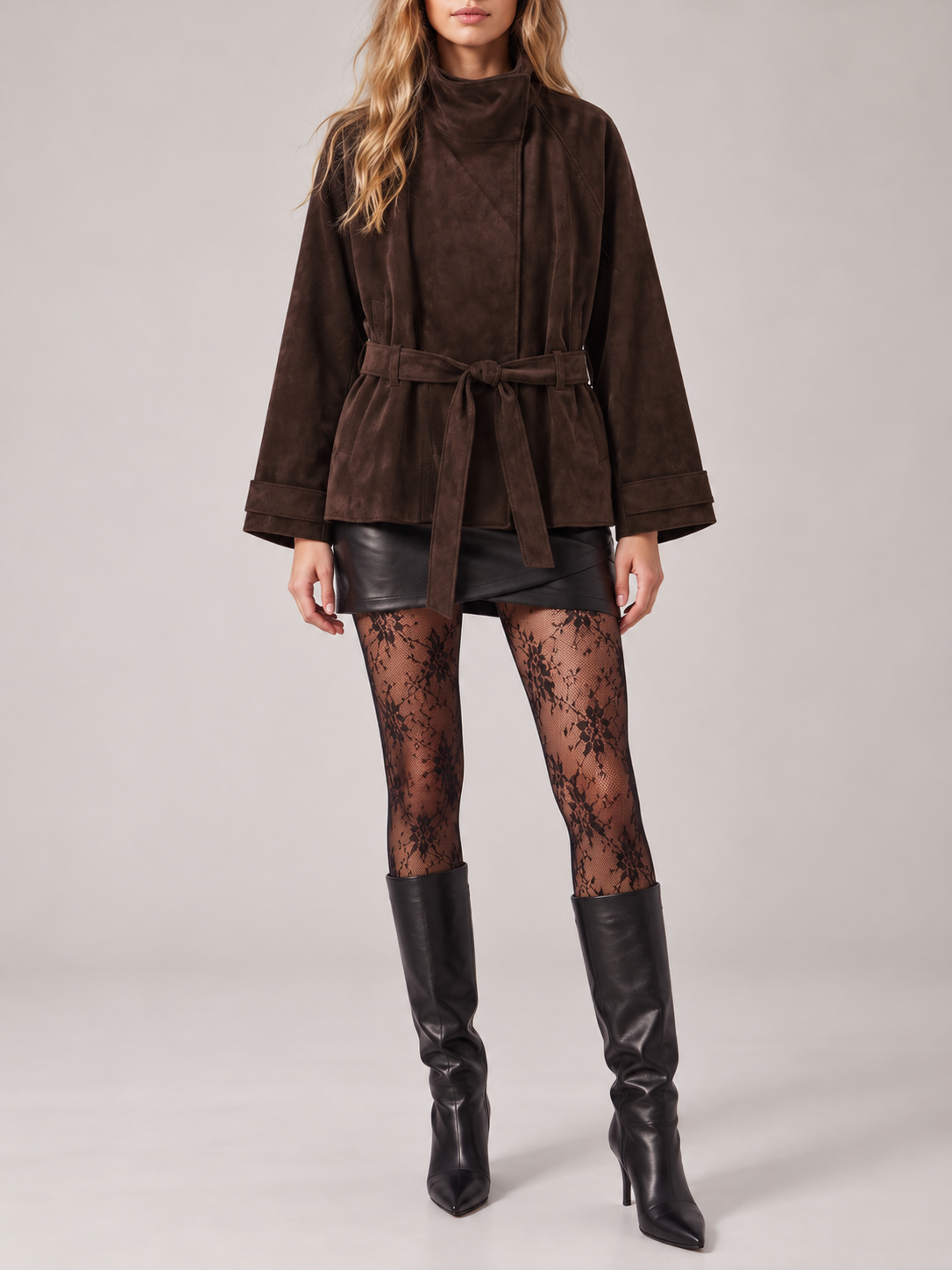 Dark Brown Belted Draped-Collar Suede-Look Jacket — styled model view