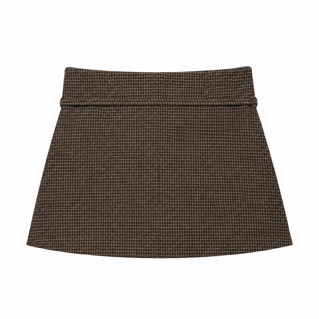 Brown Check Foldover Check Mini Skirt back view