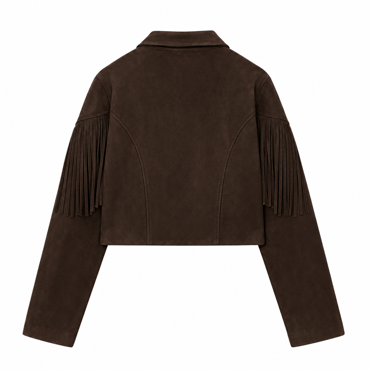Dark Brown Cropped Fringed Suede-Look Jacket — back view