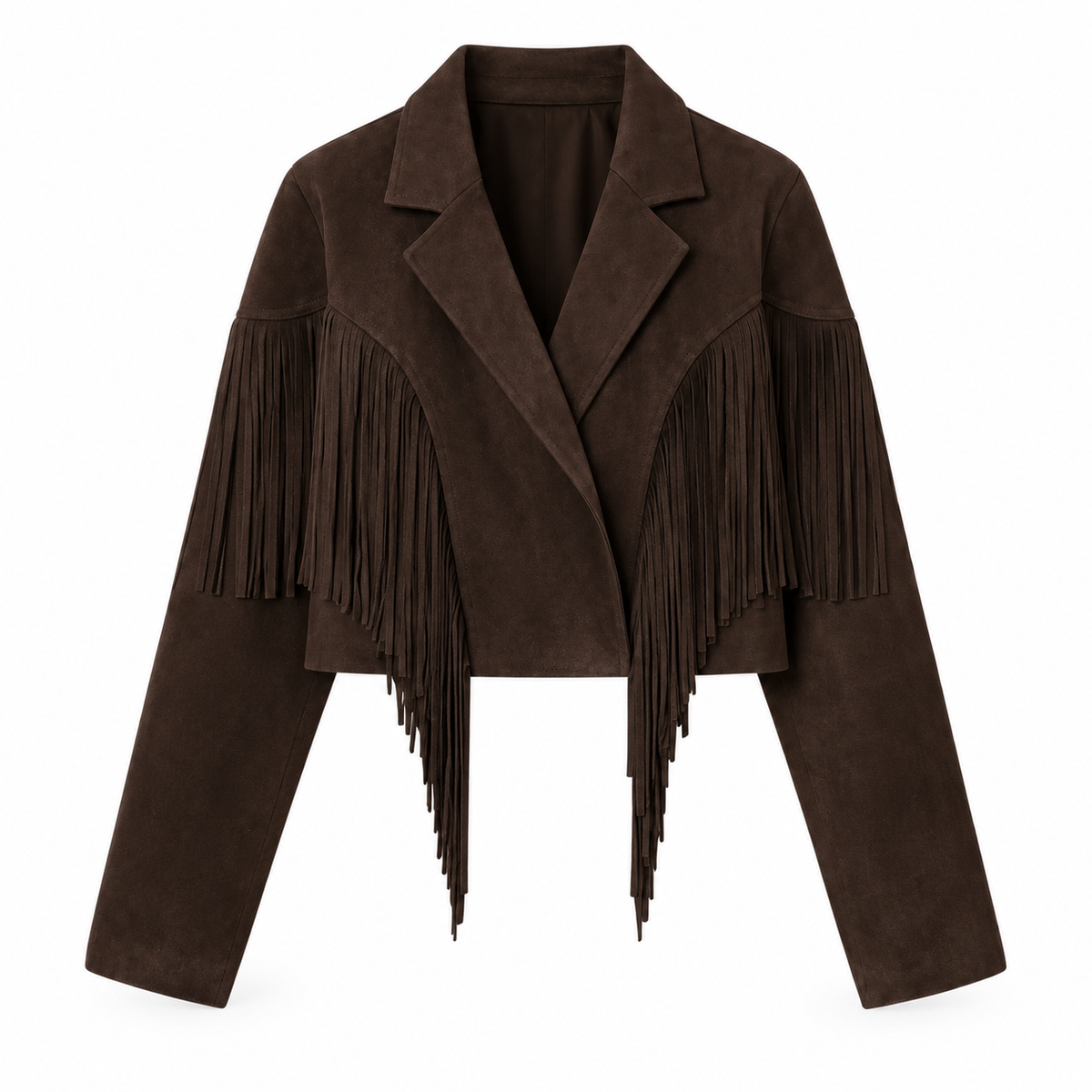 Dark Brown Cropped Fringed Suede-Look Jacket — front view