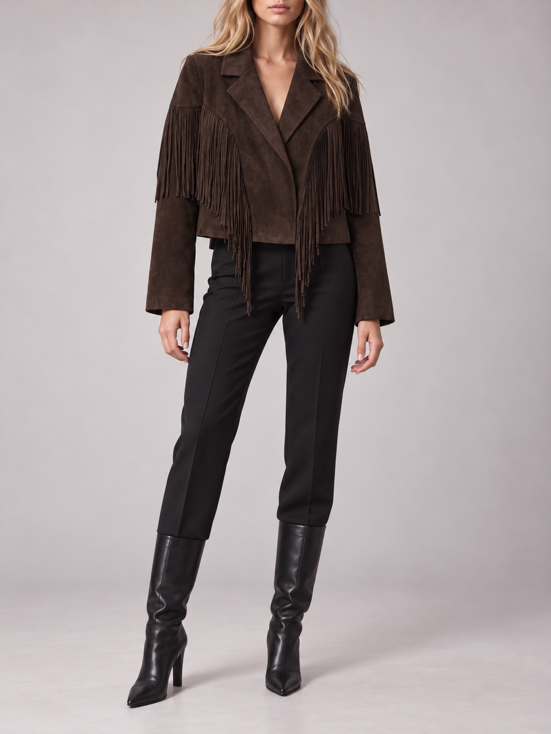 Dark Brown Cropped Fringed Suede-Look Jacket — styled model view