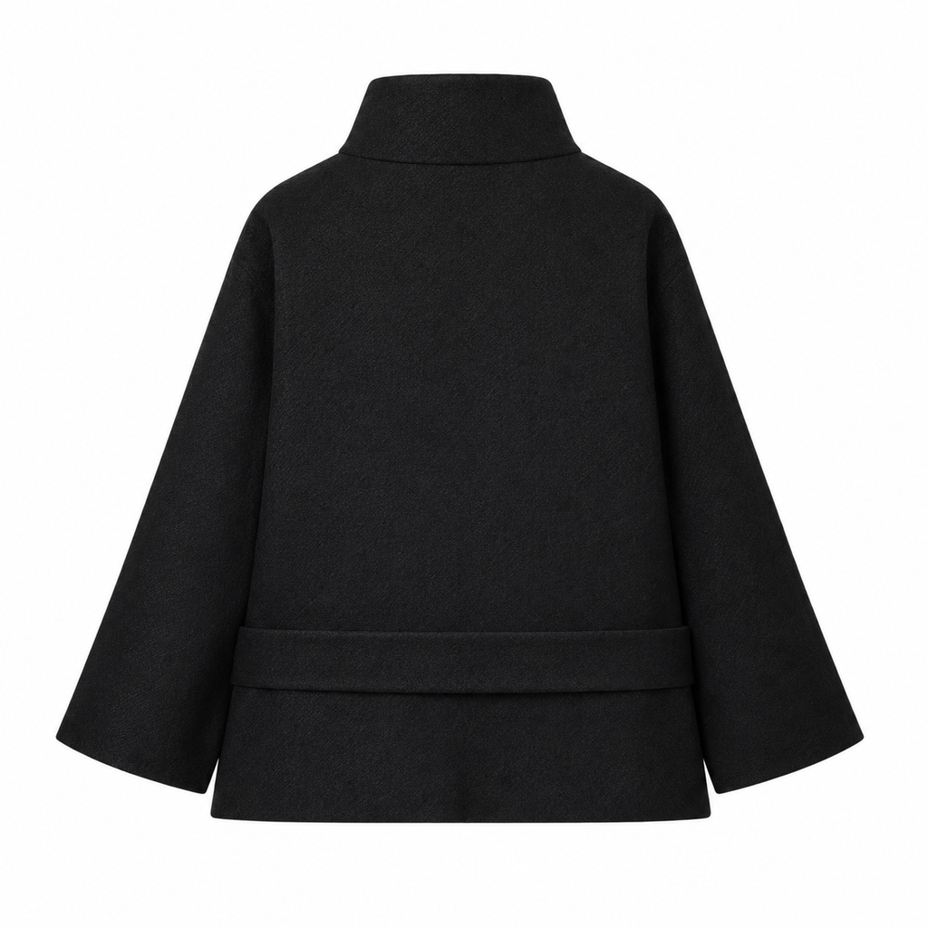 Black Belted Gold-Button Funnel-Neck Jacket — back view