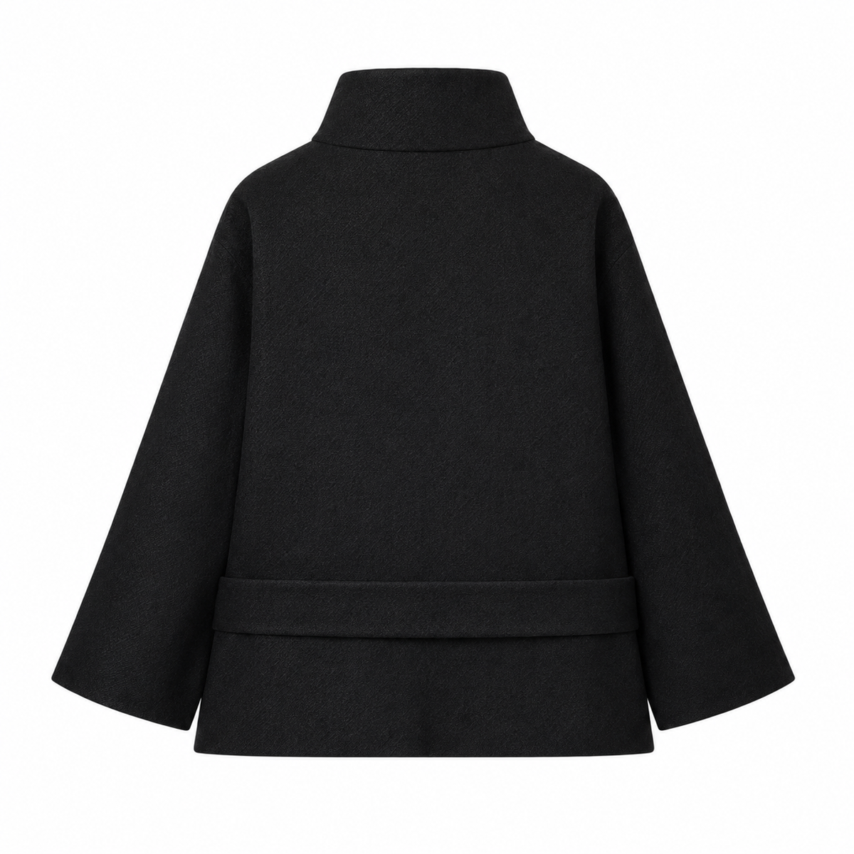 Black Belted Gold-Button Funnel-Neck Jacket — back view