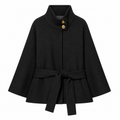 Black Belted Gold-Button Funnel-Neck Jacket — front view