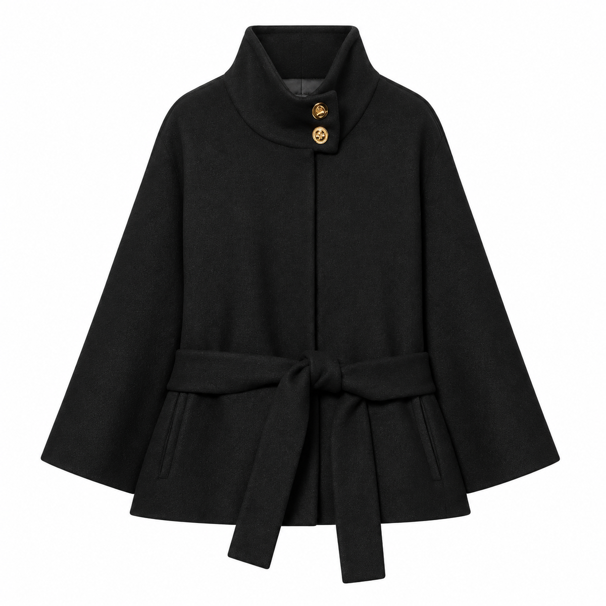 Black Belted Gold-Button Funnel-Neck Jacket — front view