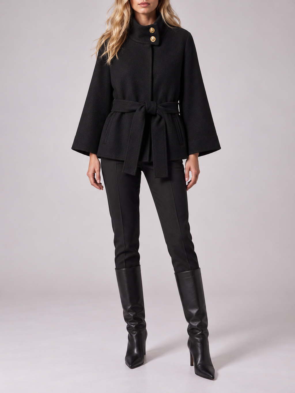Black Belted Gold-Button Funnel-Neck Jacket — styled model view