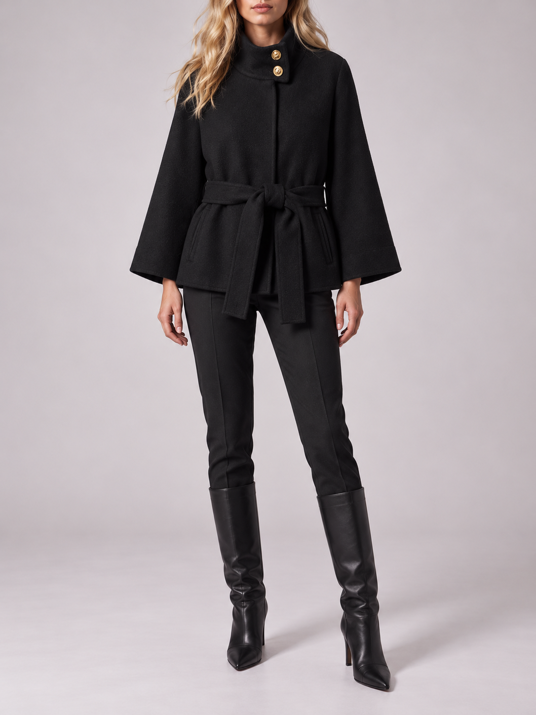 Black Belted Gold-Button Funnel-Neck Jacket — styled model view