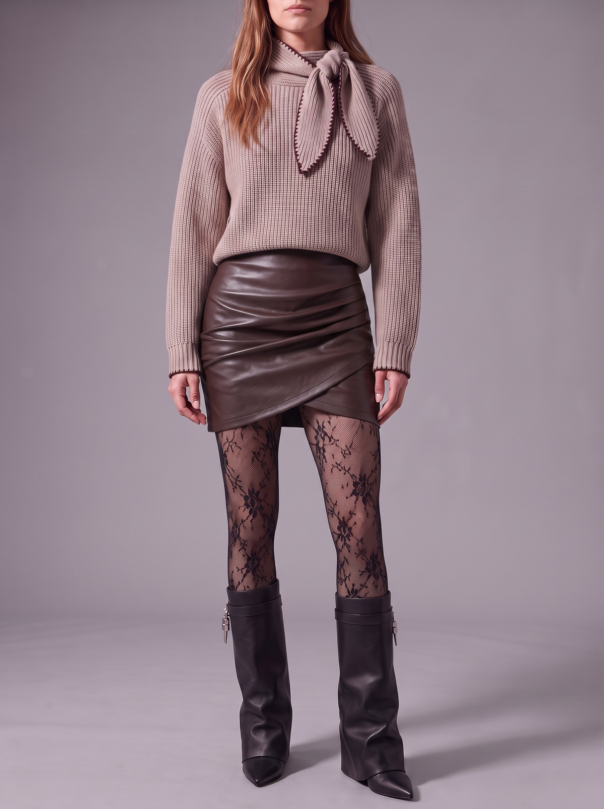 Brown Leather-Look Wrap Mini Skirt — styled model view