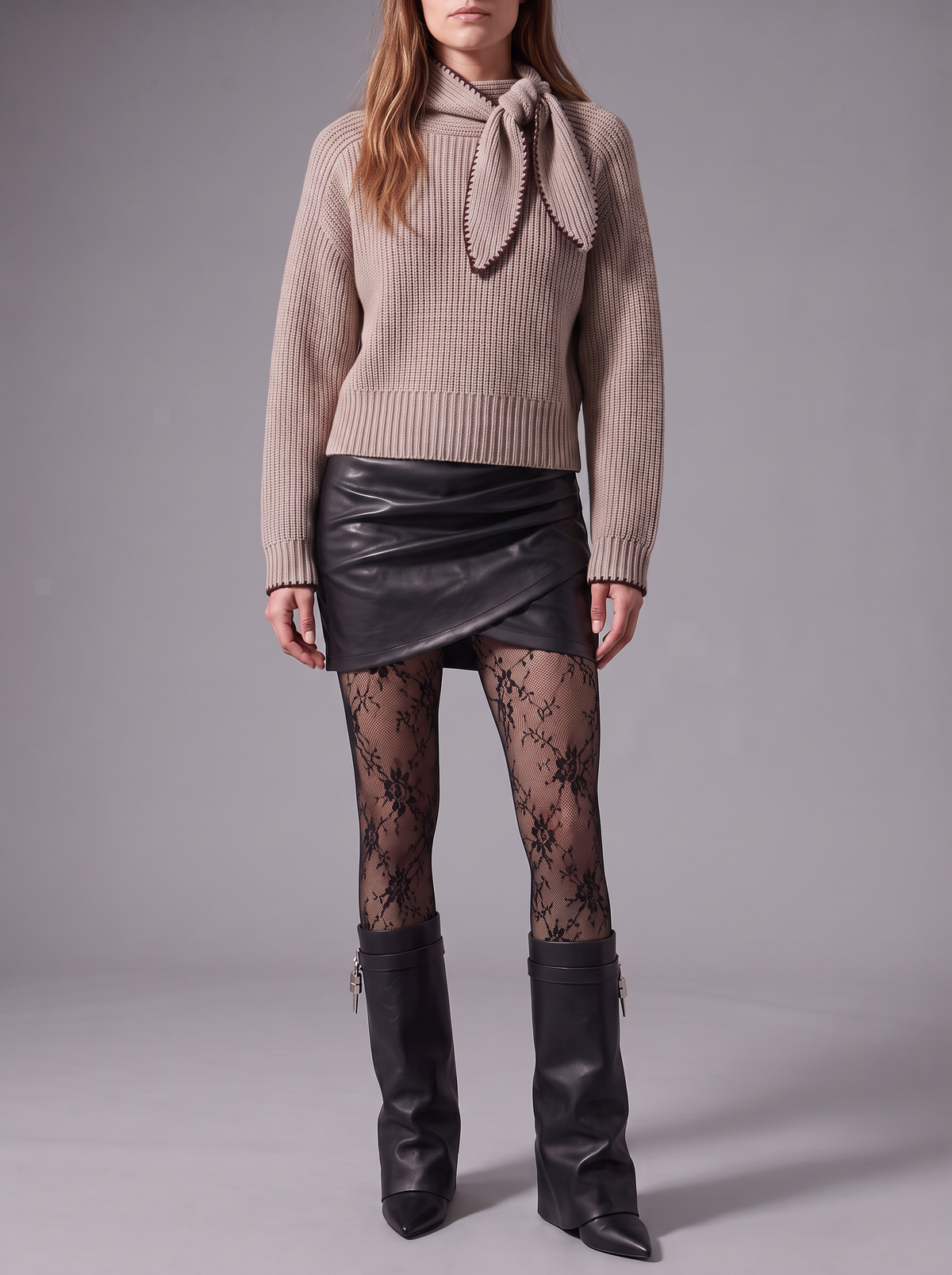 Black Leather-Look Wrap Mini Skirt — styled model view