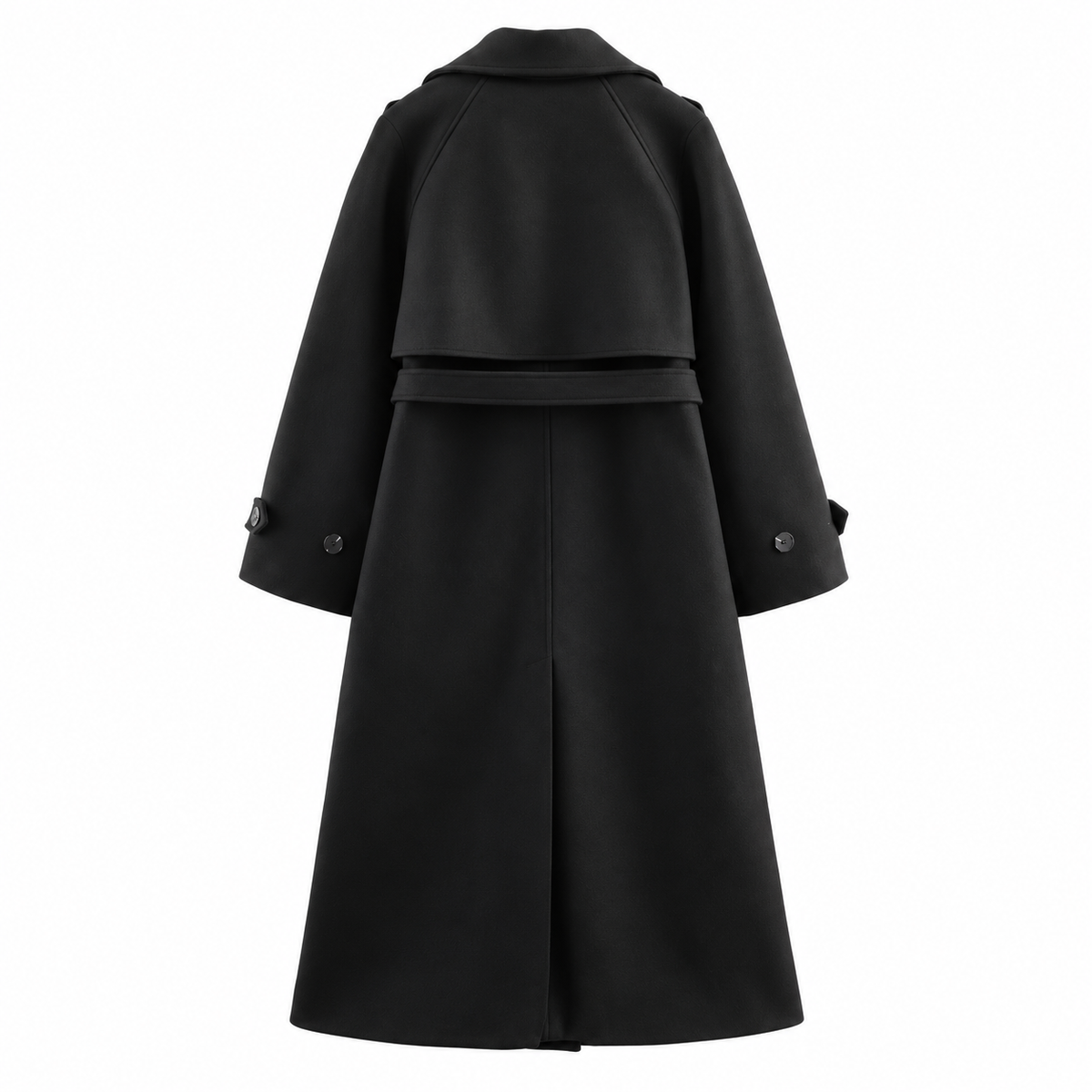 Black Belted Double-Breasted Longline Jacket — back view