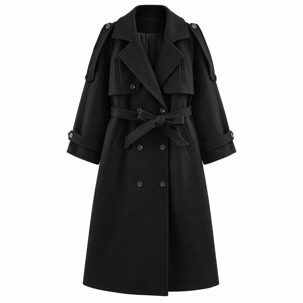 Black Belted Double-Breasted Longline Jacket — front view