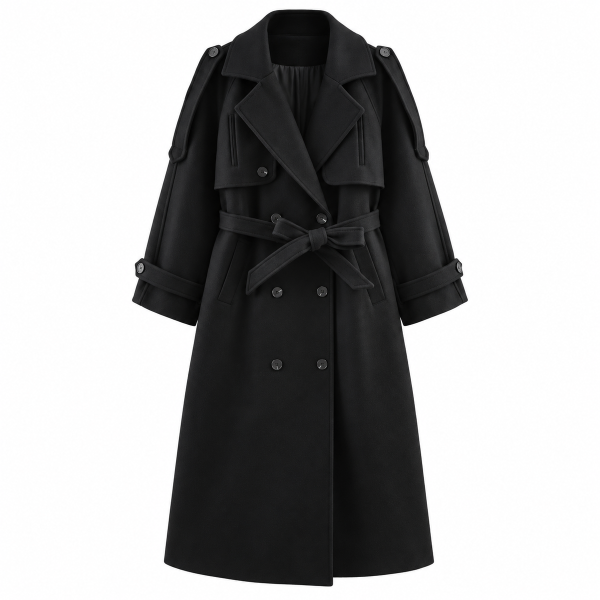 Black Belted Double-Breasted Longline Jacket — front view