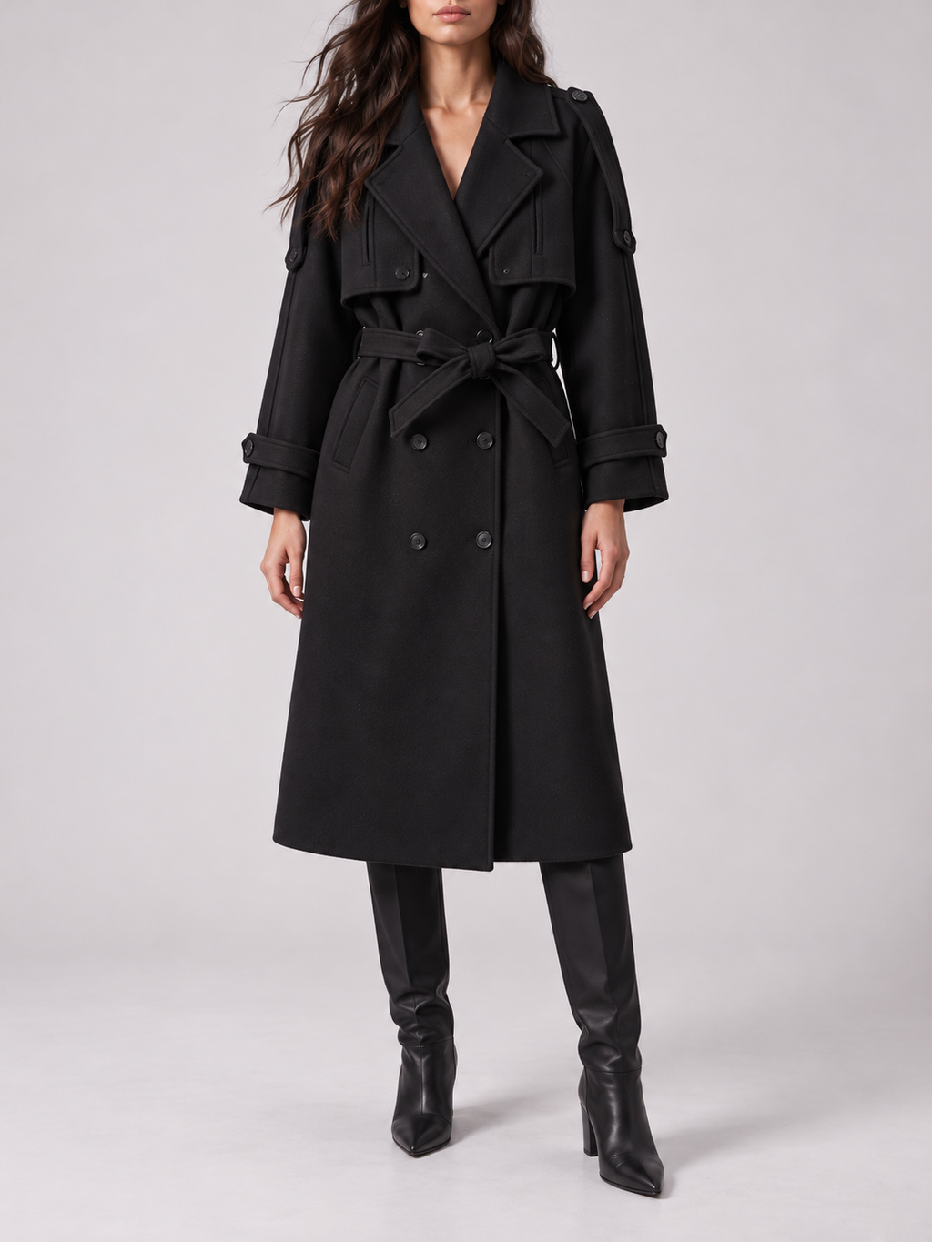 Black Belted Double-Breasted Longline Jacket — styled model view